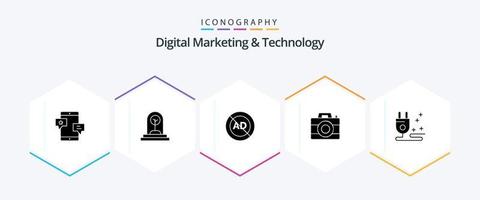 Digital Marketing And Technology 25 Glyph icon pack including digital. camera. plant. block. advertisement vector