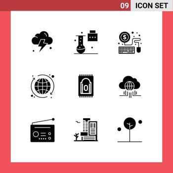 Pictogram Set of 9 Simple Solid Glyphs of internet praying mouse carpet globe Editable Vector Design Elements