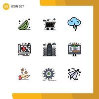 Set of 9 Commercial Filledline Flat Colors pack for tool building weather office city Editable Vector Design Elements