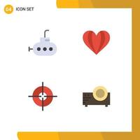 Set of 4 Modern UI Icons Symbols Signs for bathyscaph projector heart aim movie Editable Vector Design Elements