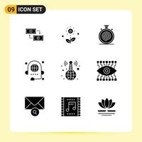 Mobile Interface Solid Glyph Set of 9 Pictograms of communication slow plant nonstop cycle Editable Vector Design Elements