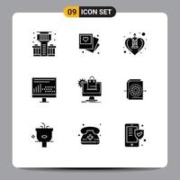 Universal Icon Symbols Group of 9 Modern Solid Glyphs of online statistics heart programing design Editable Vector Design Elements