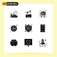 Mobile Interface Solid Glyph Set of 9 Pictograms of people dollar gifts target shopping Editable Vector Design Elements
