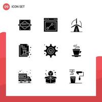 Mobile Interface Solid Glyph Set of 9 Pictograms of gear insurance legal wind law auction paper Editable Vector Design Elements