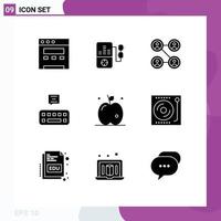 9 Universal Solid Glyphs Set for Web and Mobile Applications turntable dj keyboard devices fruit Editable Vector Design Elements