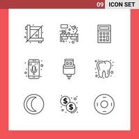 Pack of 9 creative Outlines of connector cable calculator phone recorder mobile mic Editable Vector Design Elements