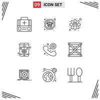 Universal Icon Symbols Group of 9 Modern Outlines of emergency call contact gear call software Editable Vector Design Elements