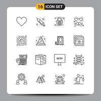 Group of 16 Outlines Signs and Symbols for label favorite security mustache heart Editable Vector Design Elements