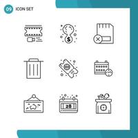 Group of 9 Outlines Signs and Symbols for sport trash card recycle removed Editable Vector Design Elements