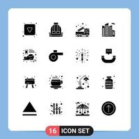 Pack of 16 Modern Solid Glyphs Signs and Symbols for Web Print Media such as laboratory skyscraper alarm office truck Editable Vector Design Elements