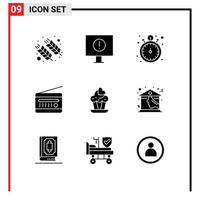 Group of 9 Solid Glyphs Signs and Symbols for cupcake radio receiver pocket watch radio audio broadcasting Editable Vector Design Elements