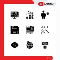 Universal Icon Symbols Group of 9 Modern Solid Glyphs of files optimization check coding floppy Editable Vector Design Elements