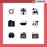 Group of 9 Modern Solid Glyphs Set for cutlery lock desk folder reception Editable Vector Design Elements