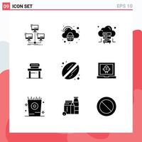 9 Thematic Vector Solid Glyphs and Editable Symbols of coffee school secure chair desk Editable Vector Design Elements