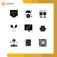 Pack of 9 creative Solid Glyphs of tick approve glass medical health Editable Vector Design Elements