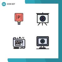 Mobile Interface Filledline Flat Color Set of 4 Pictograms of parking design hotel video plan Editable Vector Design Elements