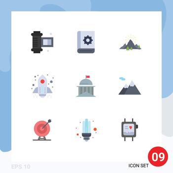 9 User Interface Flat Color Pack of modern Signs and Symbols of city startup hill spaceship fireworks Editable Vector Design Elements