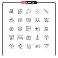 Pack of 25 Modern Lines Signs and Symbols for Web Print Media such as screw interface page gear video Editable Vector Design Elements