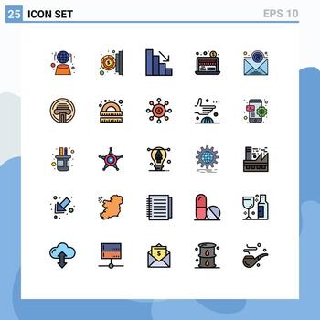 Mobile Interface Filled line Flat Color Set of 25 Pictograms of printer newsletter analytics email online Editable Vector Design Elements