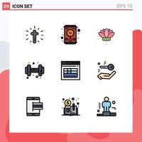 Pack of 9 Modern Filledline Flat Colors Signs and Symbols for Web Print Media such as house web china secure dumbell Editable Vector Design Elements