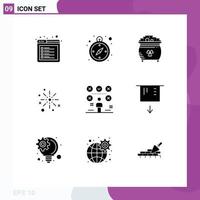 Set of 9 Vector Solid Glyphs on Grid for festival crackers coin celebrate bang Editable Vector Design Elements