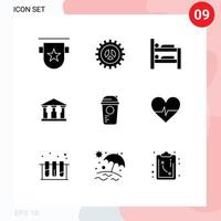 Pack of 9 creative Solid Glyphs of game mony web design building room Editable Vector Design Elements