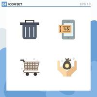 Pack of 4 Modern Flat Icons Signs and Symbols for Web Print Media such as recycling bin save discount cart Editable Vector Design Elements