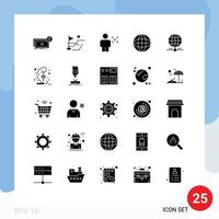 Editable Vector Line Pack of 25 Simple Solid Glyphs of earth internet avatar globe recognition Editable Vector Design Elements