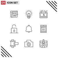 Pictogram Set of 9 Simple Outlines of alert security black safety lock Editable Vector Design Elements