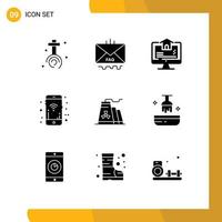 Set of 9 Vector Solid Glyphs on Grid for building signals mail mobile signals home Editable Vector Design Elements