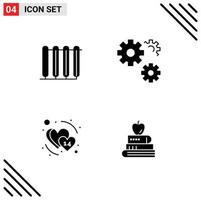 Set of 4 Vector Solid Glyphs on Grid for battery heart radiator gears february Editable Vector Design Elements