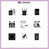 9 User Interface Solid Glyph Pack of modern Signs and Symbols of coding partners education cooperation partners collaboration Editable Vector Design Elements