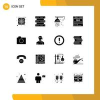 Set of 16 Commercial Solid Glyphs pack for camera seo plumber hosting server Editable Vector Design Elements