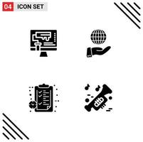 Pack of 4 creative Solid Glyphs of computer clipboard roller global notepad Editable Vector Design Elements