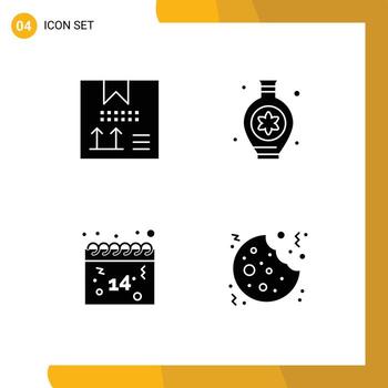 Pack of 4 Modern Solid Glyphs Signs and Symbols for Web Print Media such as box date development hobbies valentines Editable Vector Design Elements