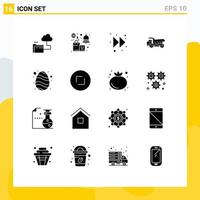 Pack of 16 Modern Solid Glyphs Signs and Symbols for Web Print Media such as egg construction shopping transport truck Editable Vector Design Elements