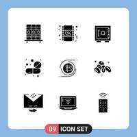 Pictogram Set of 9 Simple Solid Glyphs of bitcoin tablet locker pills drugs Editable Vector Design Elements