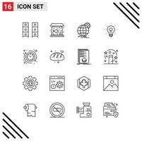 Pack of 16 Modern Outlines Signs and Symbols for Web Print Media such as insight glow tank bulb world wide Editable Vector Design Elements