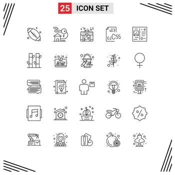 móvil interfaz línea conjunto de 25 pictogramas de tarjeta postal archivo bolso desarrollo css editable vector diseño elementos