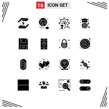 conjunto de dieciséis vector sólido glifos en cuadrícula para Dto globo ajuste geografía actualizar editable vector diseño elementos