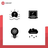 Group of 4 Modern Solid Glyphs Set for day laptop shine monitor innovation Editable Vector Design Elements