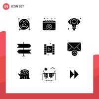 Set of 9 Vector Solid Glyphs on Grid for cloud play eye video location Editable Vector Design Elements