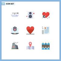 Flat Color Pack of 9 Universal Symbols of cardiogram protection heart protected internet Editable Vector Design Elements