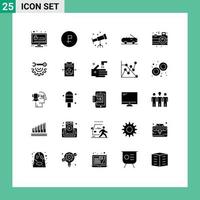 Set of 25 Vector Solid Glyphs on Grid for party celebration ruble camera cabriolet Editable Vector Design Elements