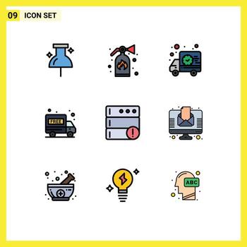 línea de relleno plano color paquete de 9 9 universal símbolos de Noticias servidor hora base de datos paquete gratis editable vector diseño elementos