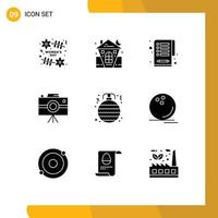 Solid Glyph Pack of 9 Universal Symbols of bauble professional camera house journalist camera camcorder Editable Vector Design Elements