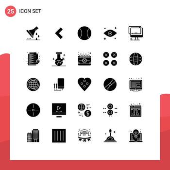 Pack of 25 Modern Solid Glyphs Signs and Symbols for Web Print Media such as imac monitor ball computer eyes Editable Vector Design Elements