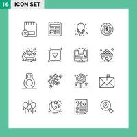 Pack of 16 Modern Outlines Signs and Symbols for Web Print Media such as finance budget picture analysis necklace Editable Vector Design Elements