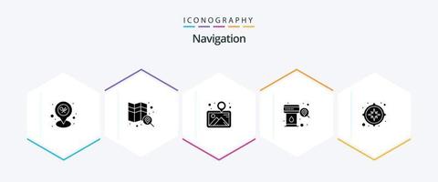 Navigation 25 Glyph icon pack including gps. search. gallery. station. gas vector