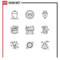 Set of 9 Modern UI Icons Symbols Signs for music spaghetti science pasta power plug Editable Vector Design Elements
